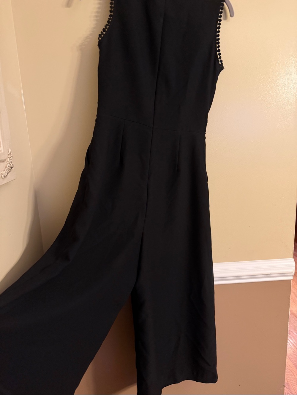 Zara Basic Black Crochet Lace Wide Leg Jumpsuit Sleeveless Pom Pom Trim XS - Picture 4 of 5